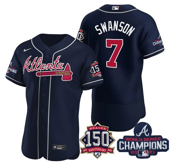 Men's Atlanta Braves #7 Dansby Swanson 2021 Navy World Series Champions With 150th Anniversary Flex Base Stitched Jersey Men's Atlanta Braves #7 Dansby Swanson 2021 Navy World Series Champions With 150th Anniversary Flex Base Stitched Jersey